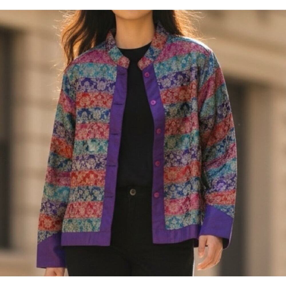 Coldwater Creek Purple Silk Lined Patchwork Jacket with Mandarin Collar Size M